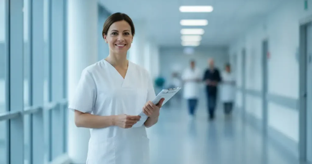 Infermiera professionista sorridente in corridoio ospedaliero, simbolo del Master di I Livello in Infermieristica Online Consizos