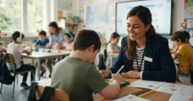 Corso per insegnante di sostegno online riconosciuto MIM_ docente durante un'attività di didattica inclusiva in aula scolastica moderna.