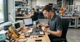 studente in laboratorio per il Diploma in Elettronica ed Elettrotecnica online con laboratorio di elettronica e automazione
