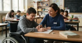 una collaboratrice scolastica con qualifica ASACOM che supporta un alunno BES a scuola